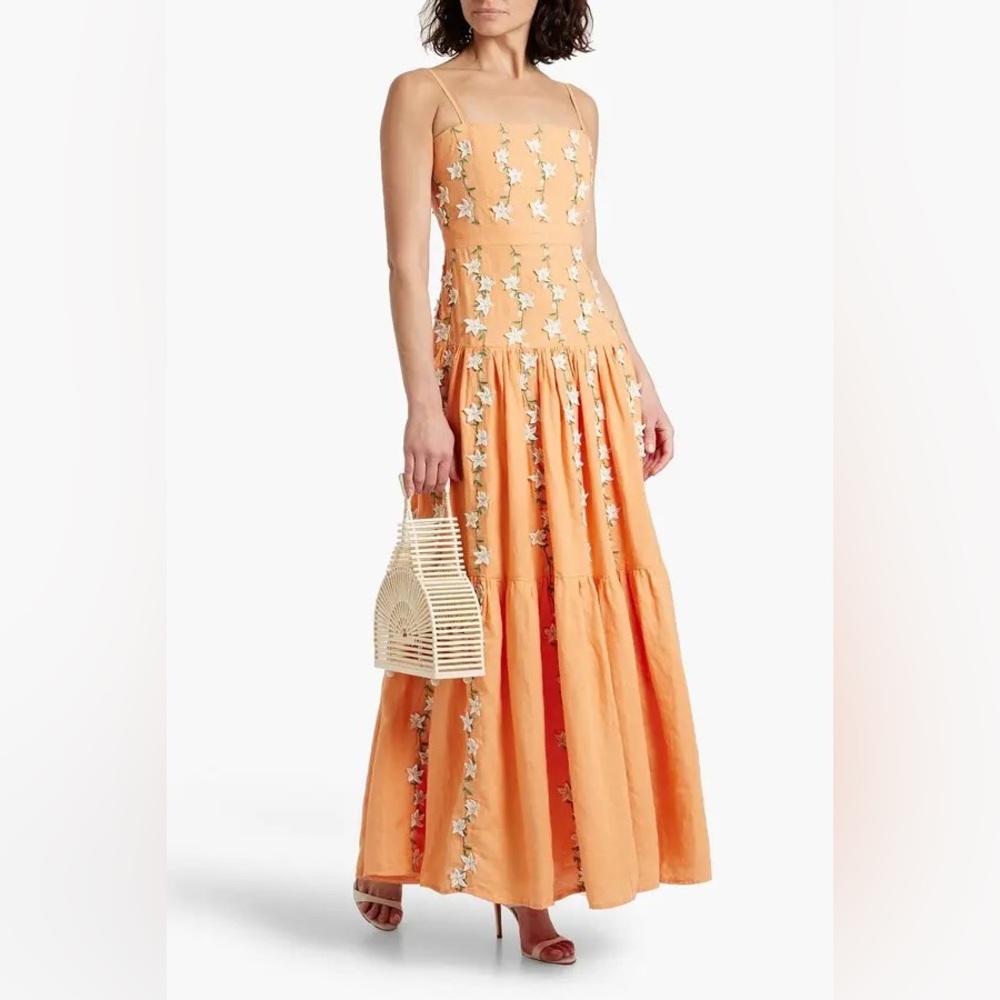 AGUA BENDITA 
Lima Sabanero Dorado Tiered Embellished Linen Maxi Dress